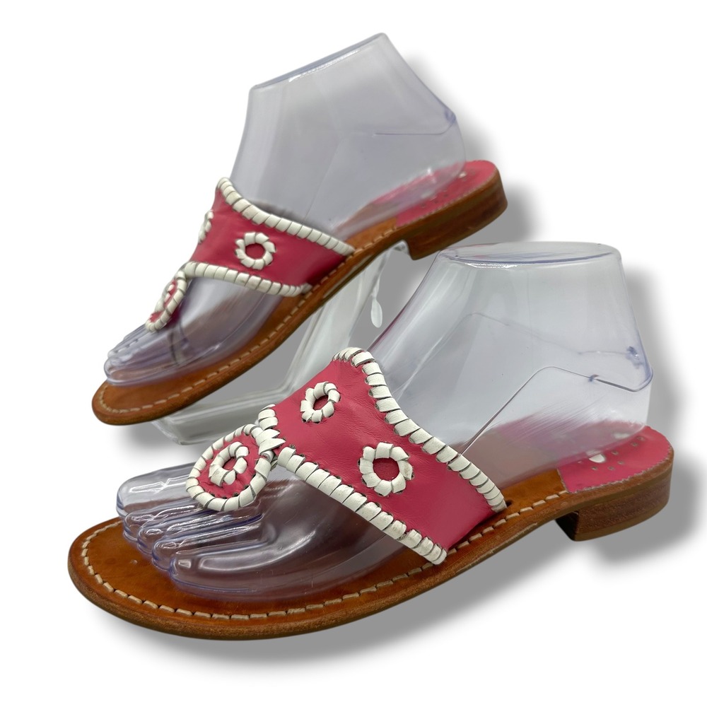 Jack Rogers Jacks Flat Sandals Pink White Leather Whipstitch Rondelle Womens 7